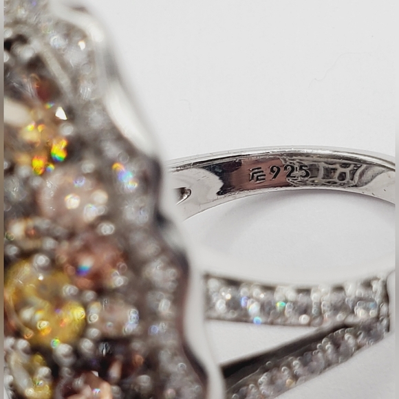 White - Chocolate - Yellow Diamond Simulants 925 Silver Statement Halo Ring - Picture 6 of 9